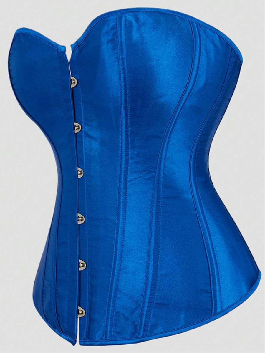 Blue satin bustier corset with front closure, back lace-up detail, and boned shaping for a retro-inspired party look.