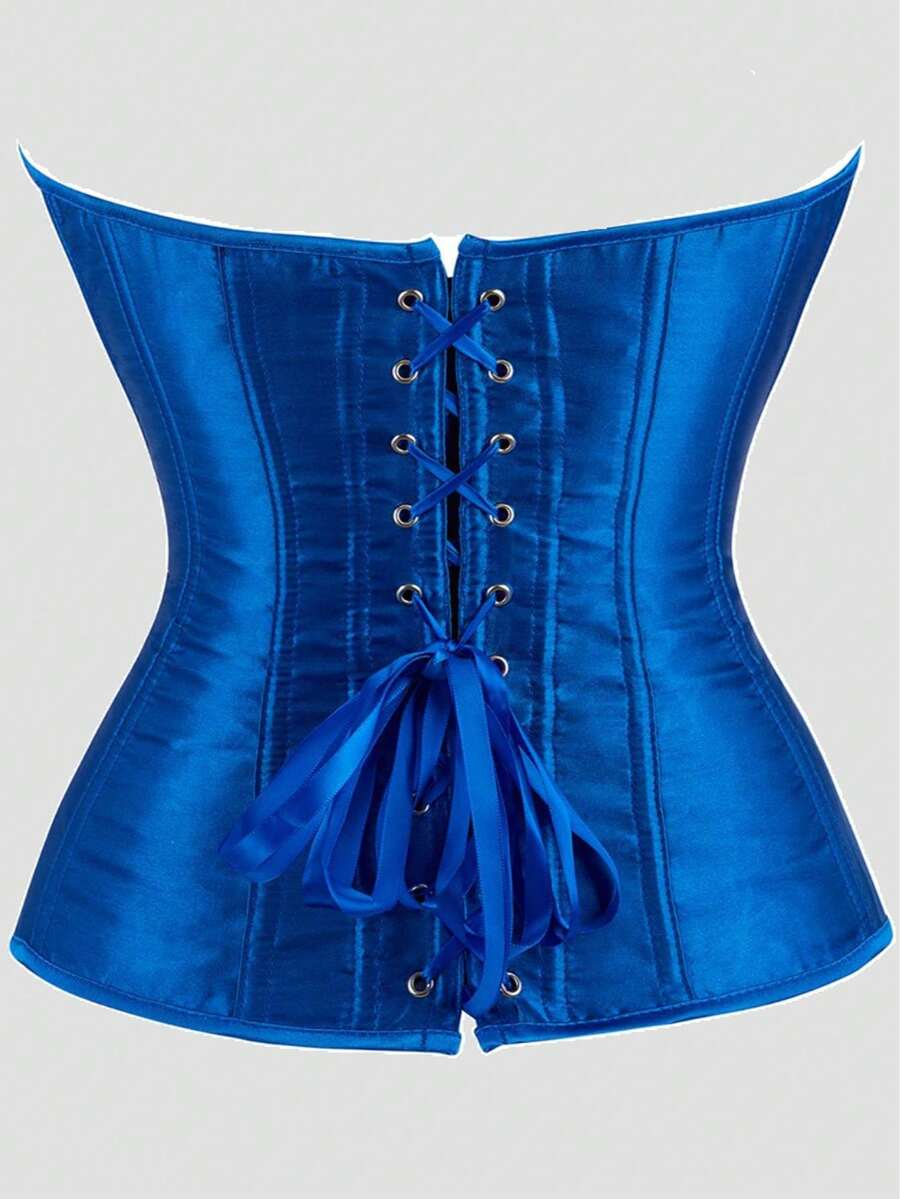 Blue satin bustier corset with front closure, back lace-up detail, and boned shaping for a retro-inspired party look.