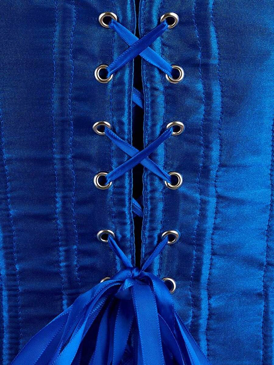 Blue satin bustier corset with front closure, back lace-up detail, and boned shaping for a retro-inspired party look.