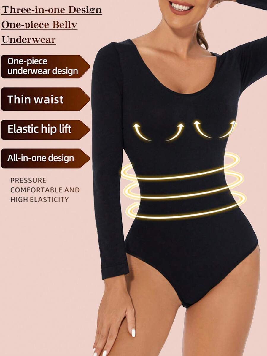 Women's black seamless bodysuit shapewear with tummy control and butt lift design.