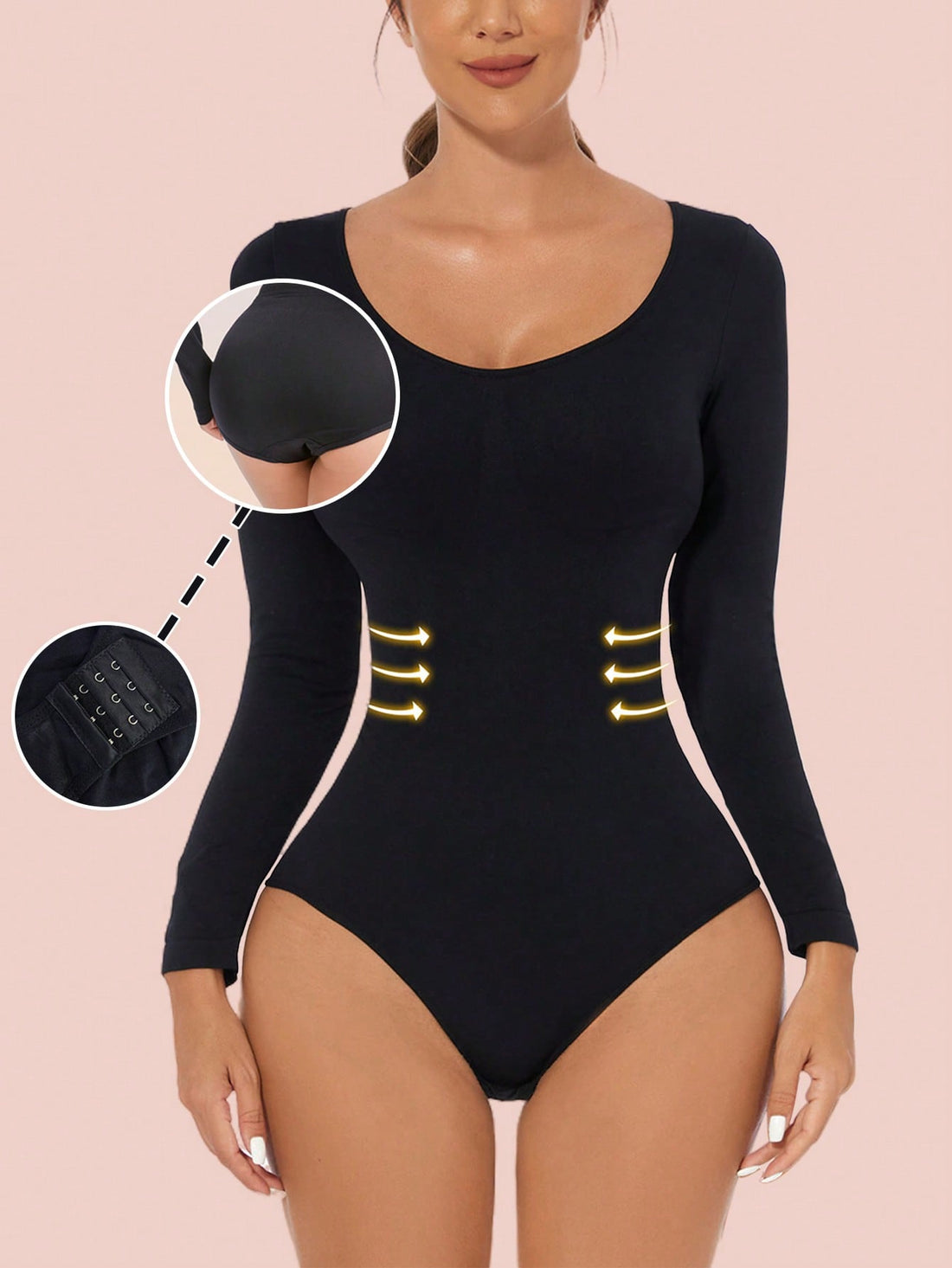 Women's black seamless bodysuit shapewear with tummy control and butt lift design.