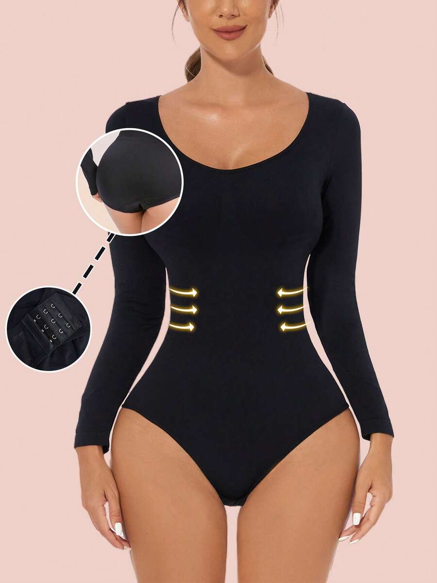 Women's black seamless bodysuit shapewear with tummy control and butt lift design.