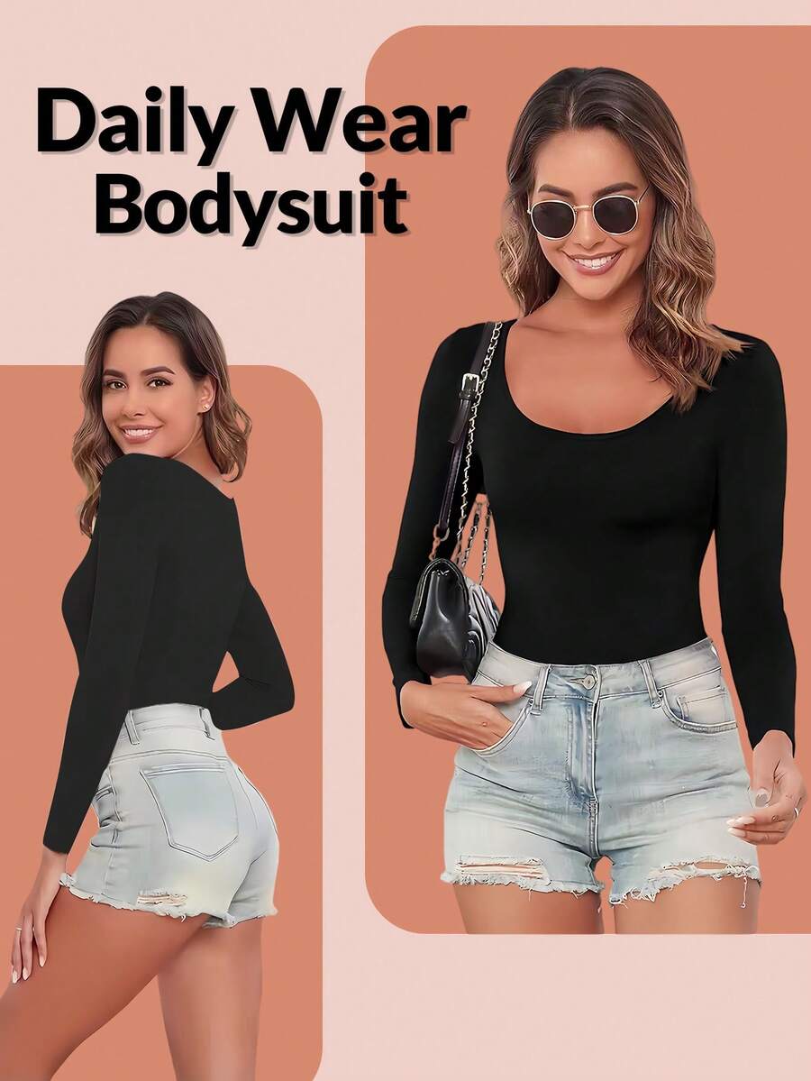 Women's black seamless bodysuit shapewear with tummy control and butt lift design.