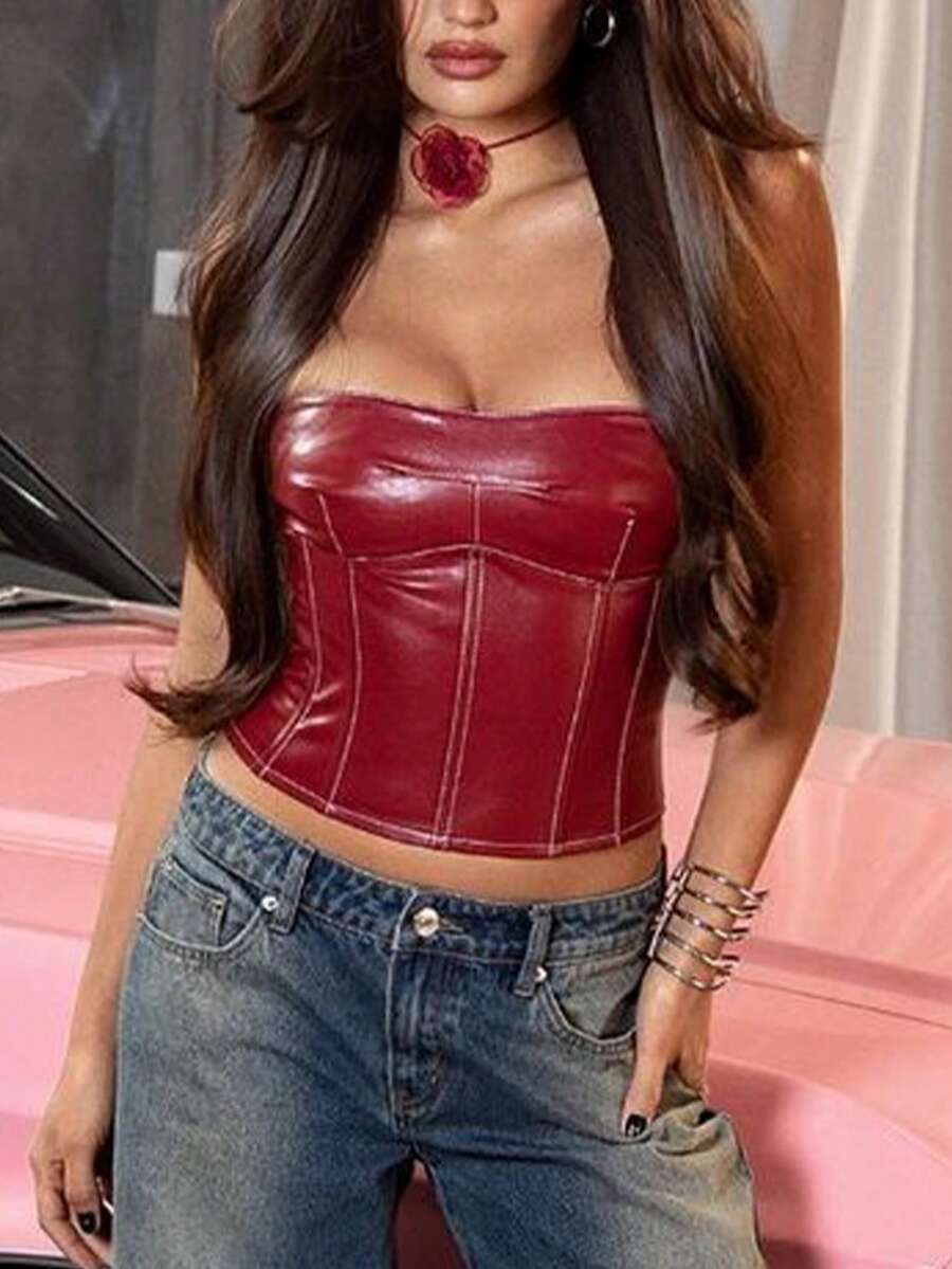 Burgundy Y2K PU leather strapless bustier crop top with lace-up backless design for women
