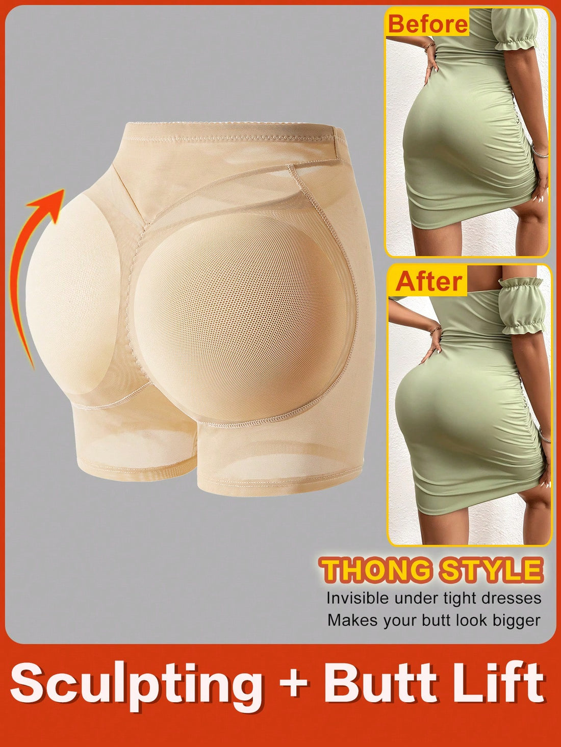 Apricot high-waist seamless butt lifting shapewear shorts with removable foam padding for women.