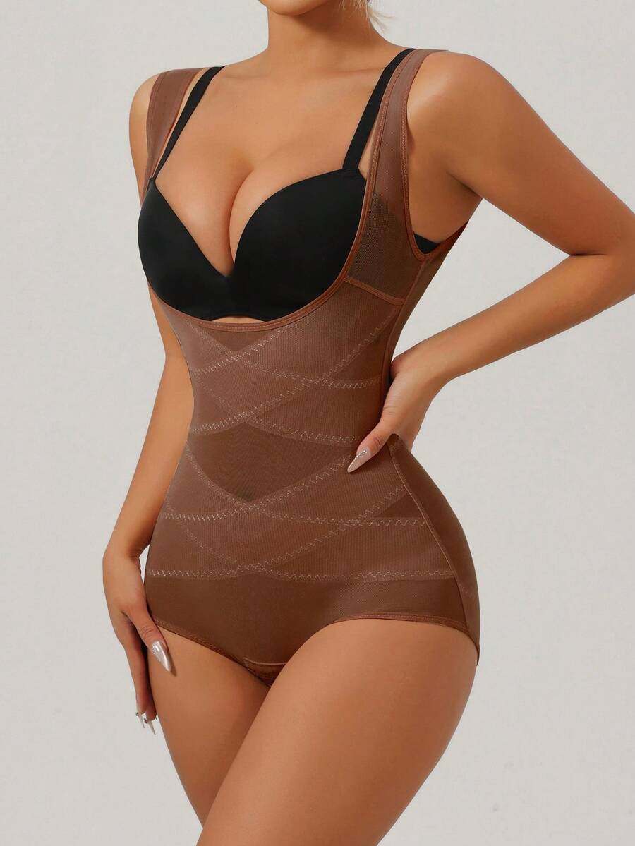 Apricot semi-sheer mesh shapewear bodysuit for women featuring a low-cut neckline, bust support, contrast mesh details, and Bermuda shorts length.