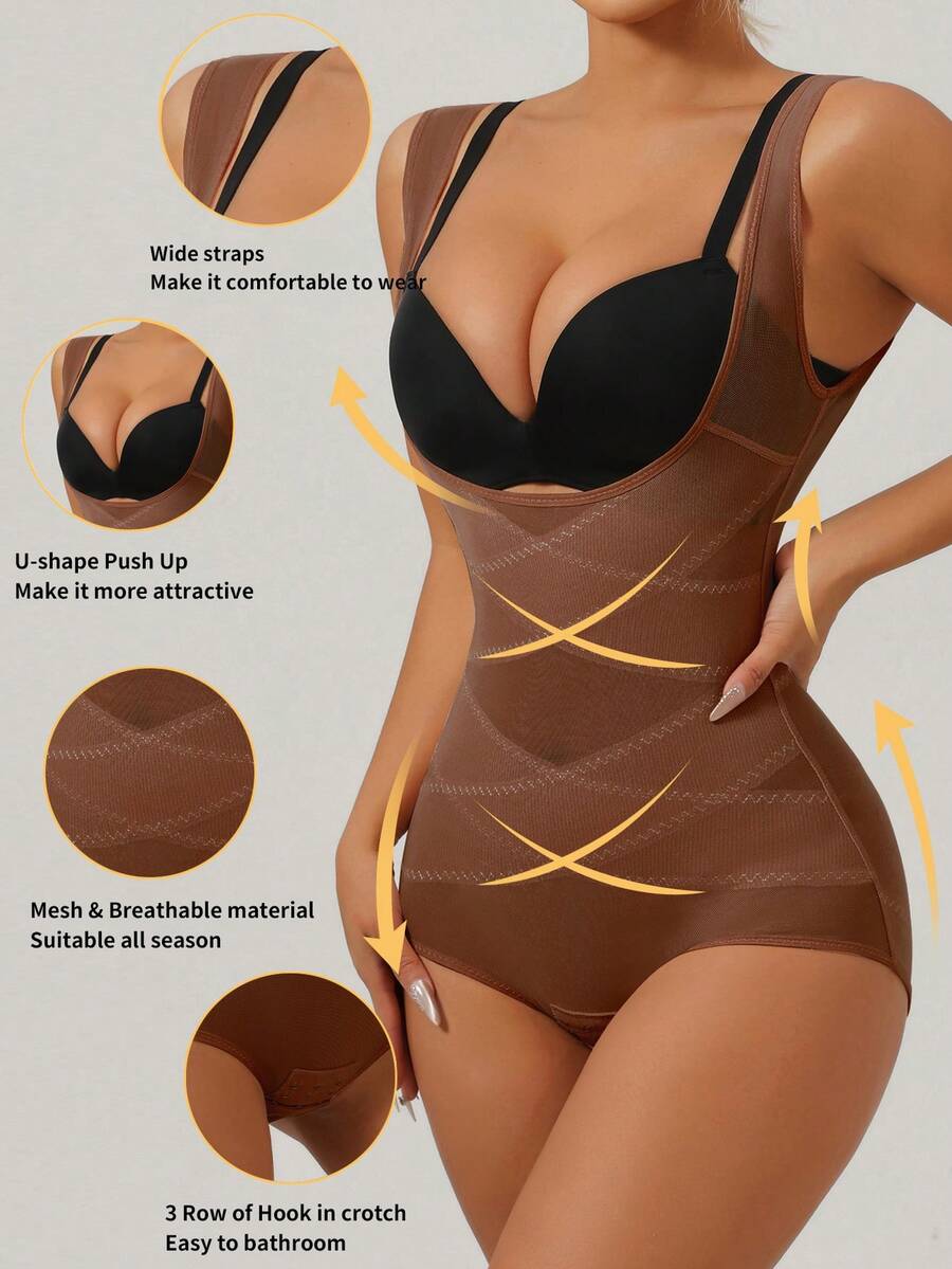 Apricot semi-sheer mesh shapewear bodysuit for women featuring a low-cut neckline, bust support, contrast mesh details, and Bermuda shorts length.