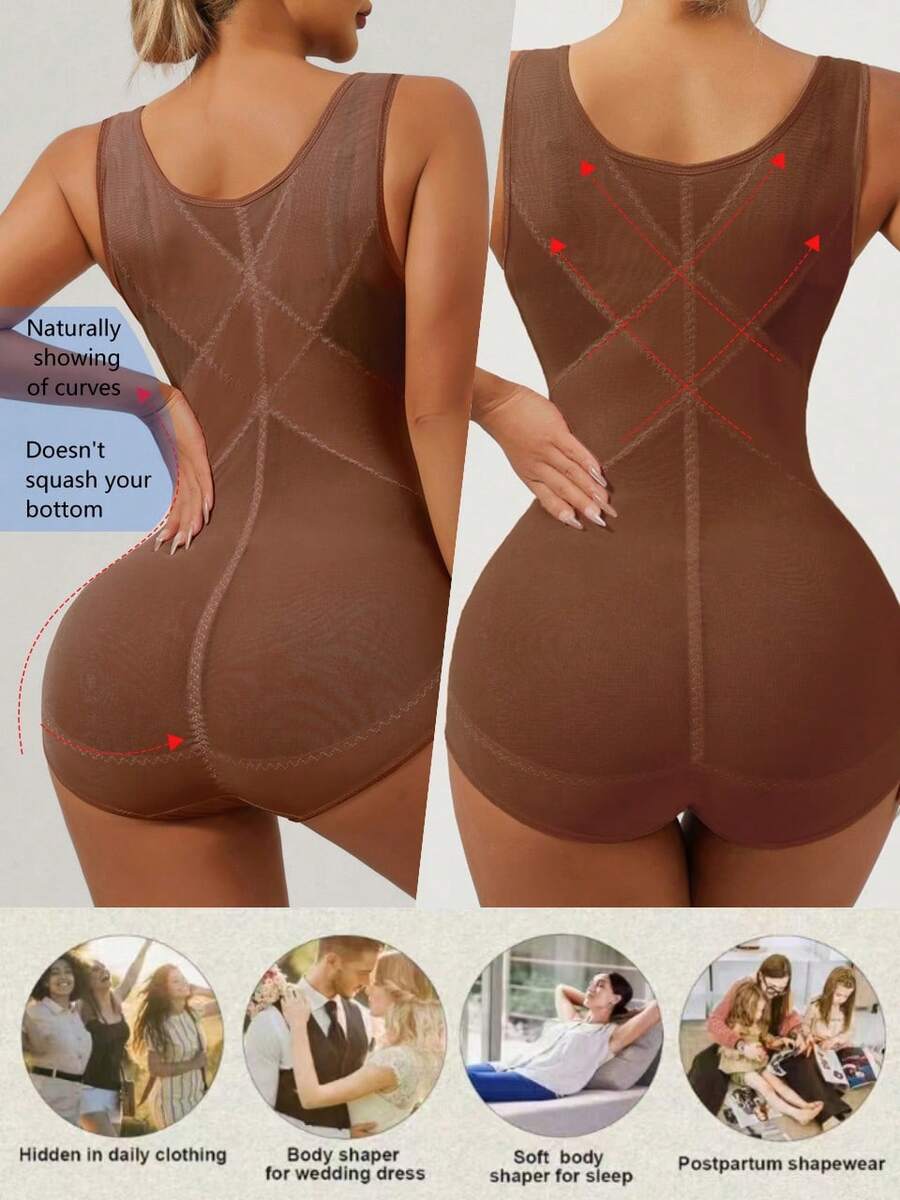 Apricot semi-sheer mesh shapewear bodysuit for women featuring a low-cut neckline, bust support, contrast mesh details, and Bermuda shorts length.