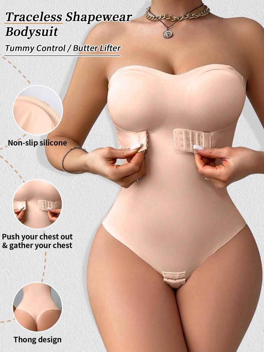 Champagne seamless strapless shapewear bodysuit with front closure for women tummy control