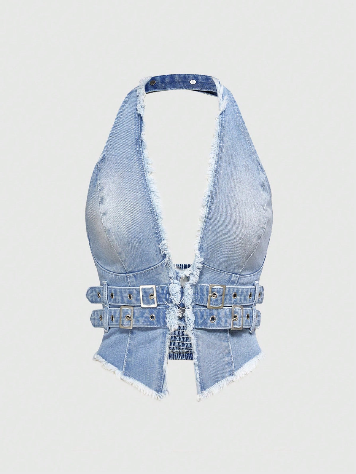Women's denim halter crop top featuring a backless design, asymmetrical hem, single-breasted front, and lettuce trim.