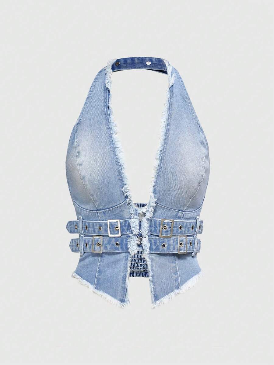 Women's denim halter crop top featuring a backless design, asymmetrical hem, single-breasted front, and lettuce trim.