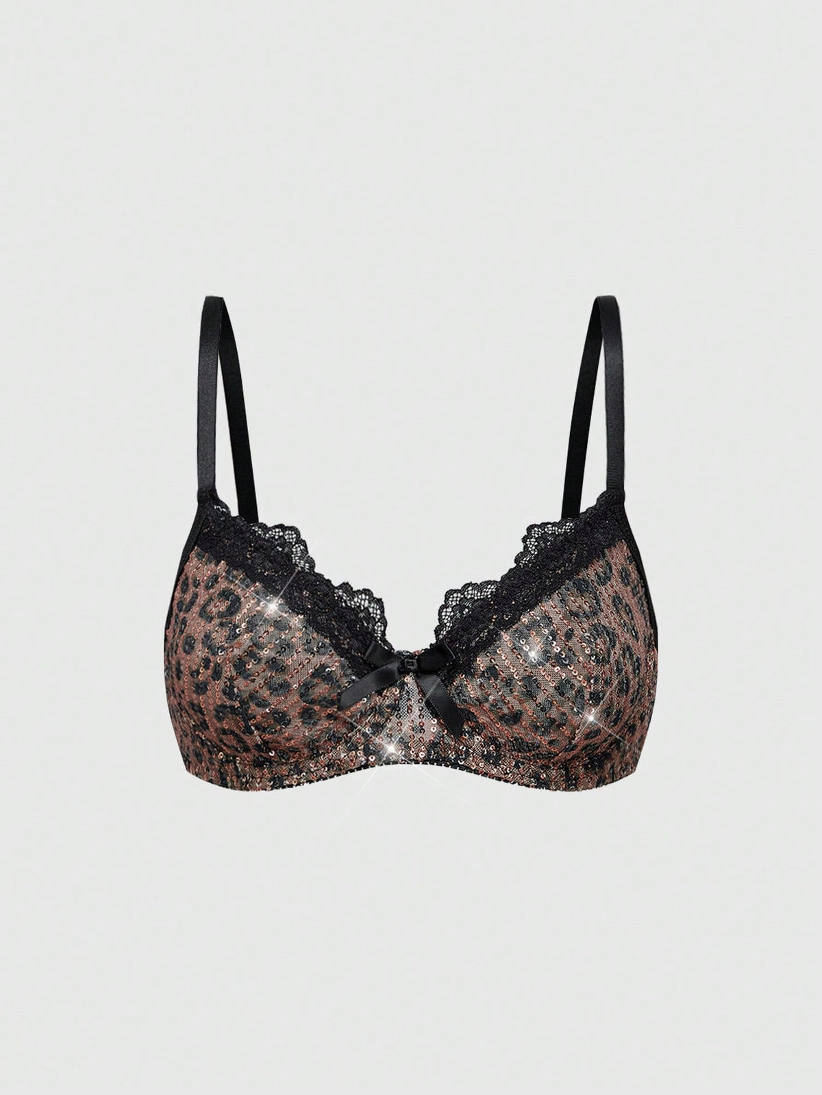 Women's leopard print mesh underwire bralette featuring contrast lace trim, bead decoration, adjustable shoulder straps, and unlined push-up design.