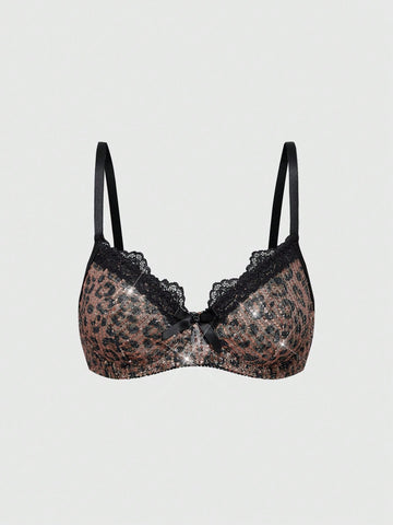Women's leopard print mesh underwire bralette featuring contrast lace trim, bead decoration, adjustable shoulder straps, and unlined push-up design.