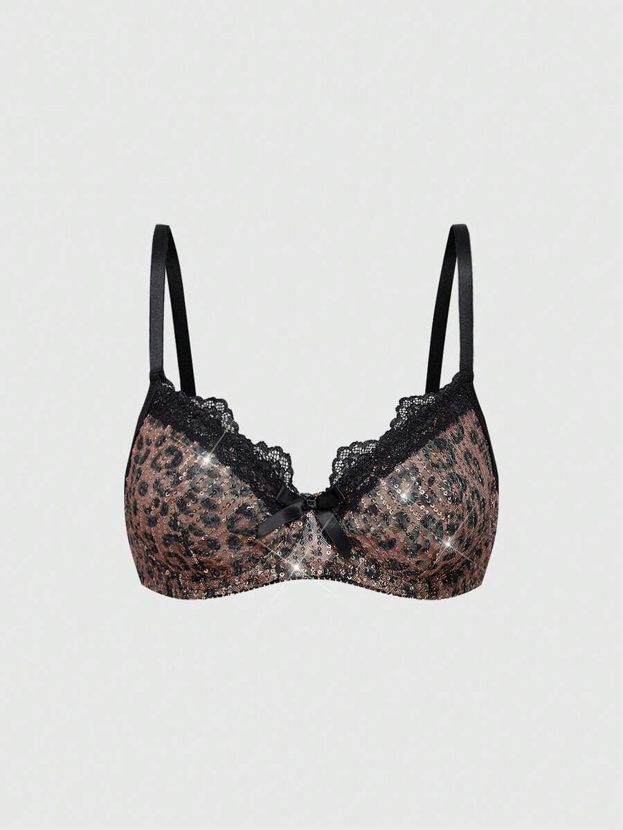 Women's leopard print mesh underwire bralette featuring contrast lace trim, bead decoration, adjustable shoulder straps, and unlined push-up design.