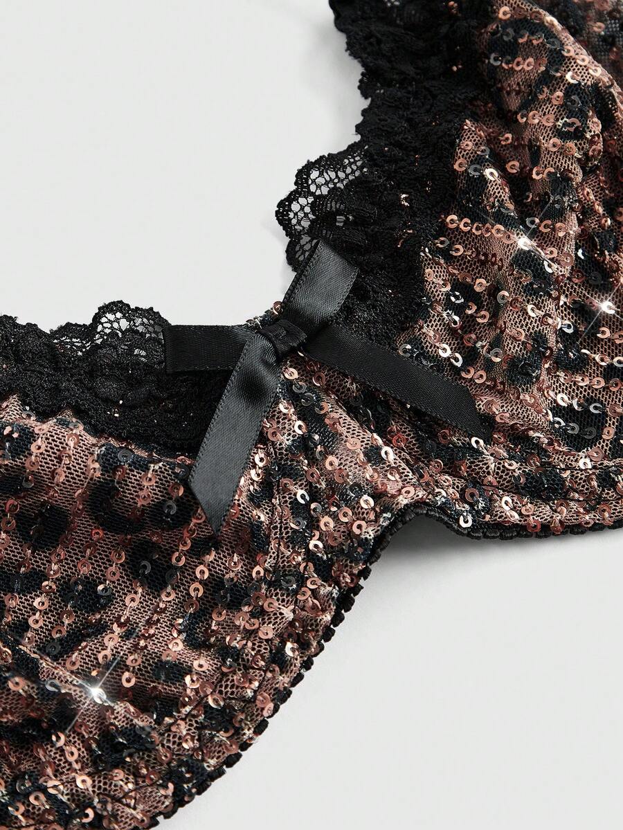 Women's leopard print mesh underwire bralette featuring contrast lace trim, bead decoration, adjustable shoulder straps, and unlined push-up design.
