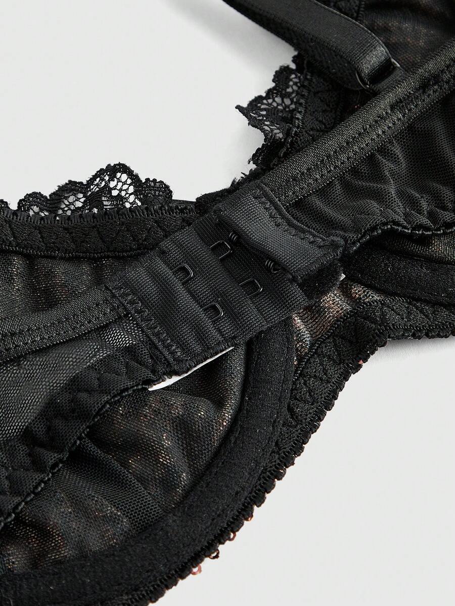 Women's leopard print mesh underwire bralette featuring contrast lace trim, bead decoration, adjustable shoulder straps, and unlined push-up design.