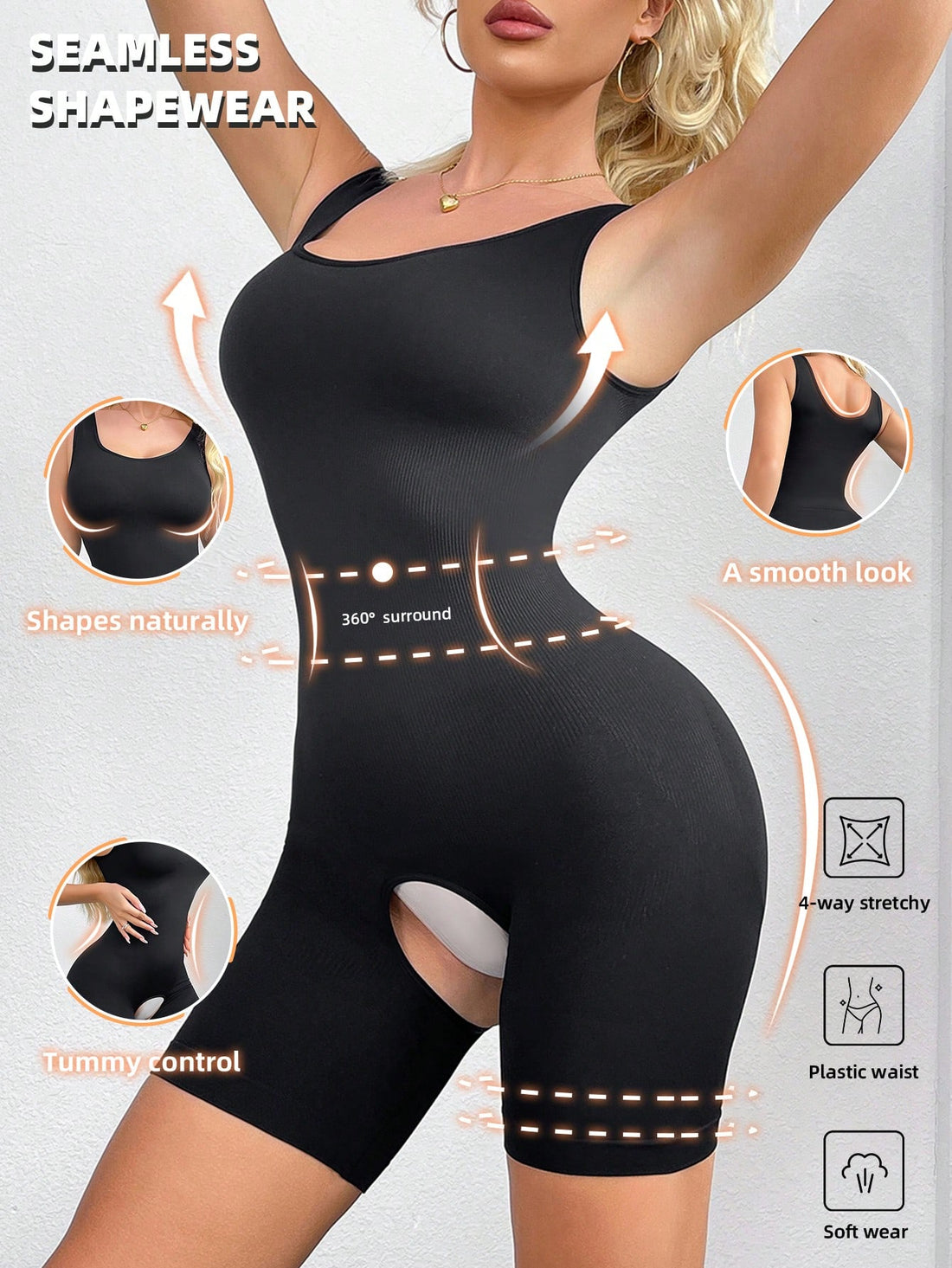 Black women's camisole shapewear bodysuit featuring open-crotch shaping shorts and cut-out details.