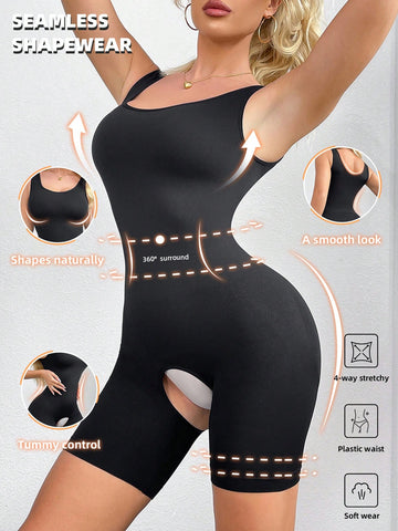 Black women's camisole shapewear bodysuit featuring open-crotch shaping shorts and cut-out details.
