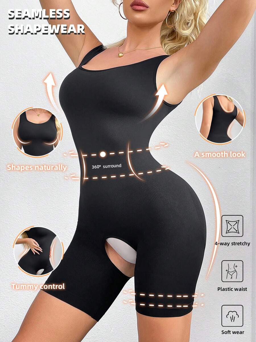Black women's camisole shapewear bodysuit featuring open-crotch shaping shorts and cut-out details.
