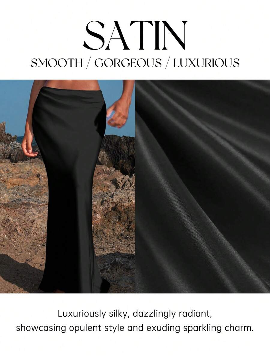 Women's black woven mermaid maxi skirt featuring a solid color design, mid waist, and 100% cotton fabric.