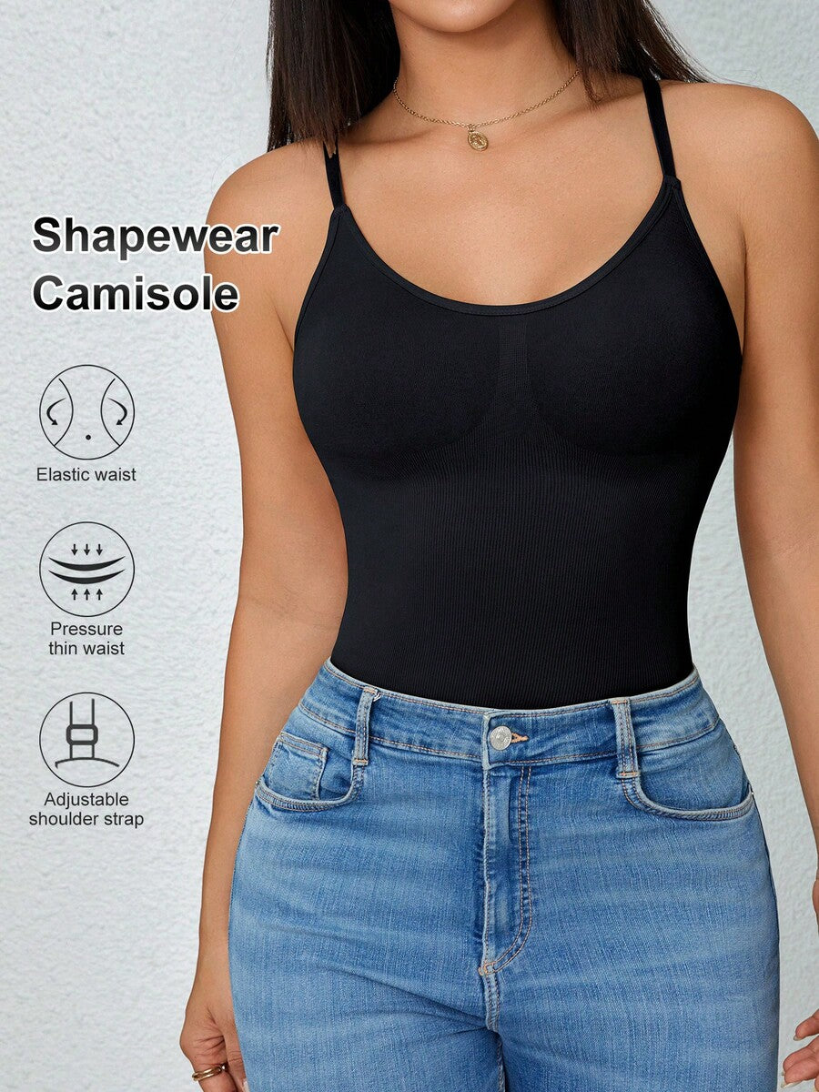 Black rib-knit slimming camisole tank top for women featuring adjustable straps and waist shaping fit.