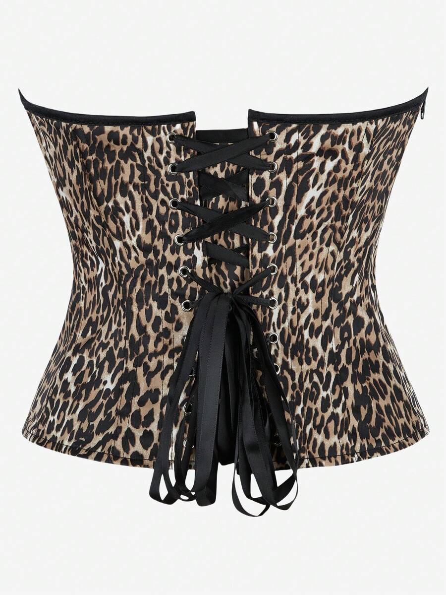 Black overbust corset top with strapless design, boned support, tie-back and zipper closure for women shapewear styling.