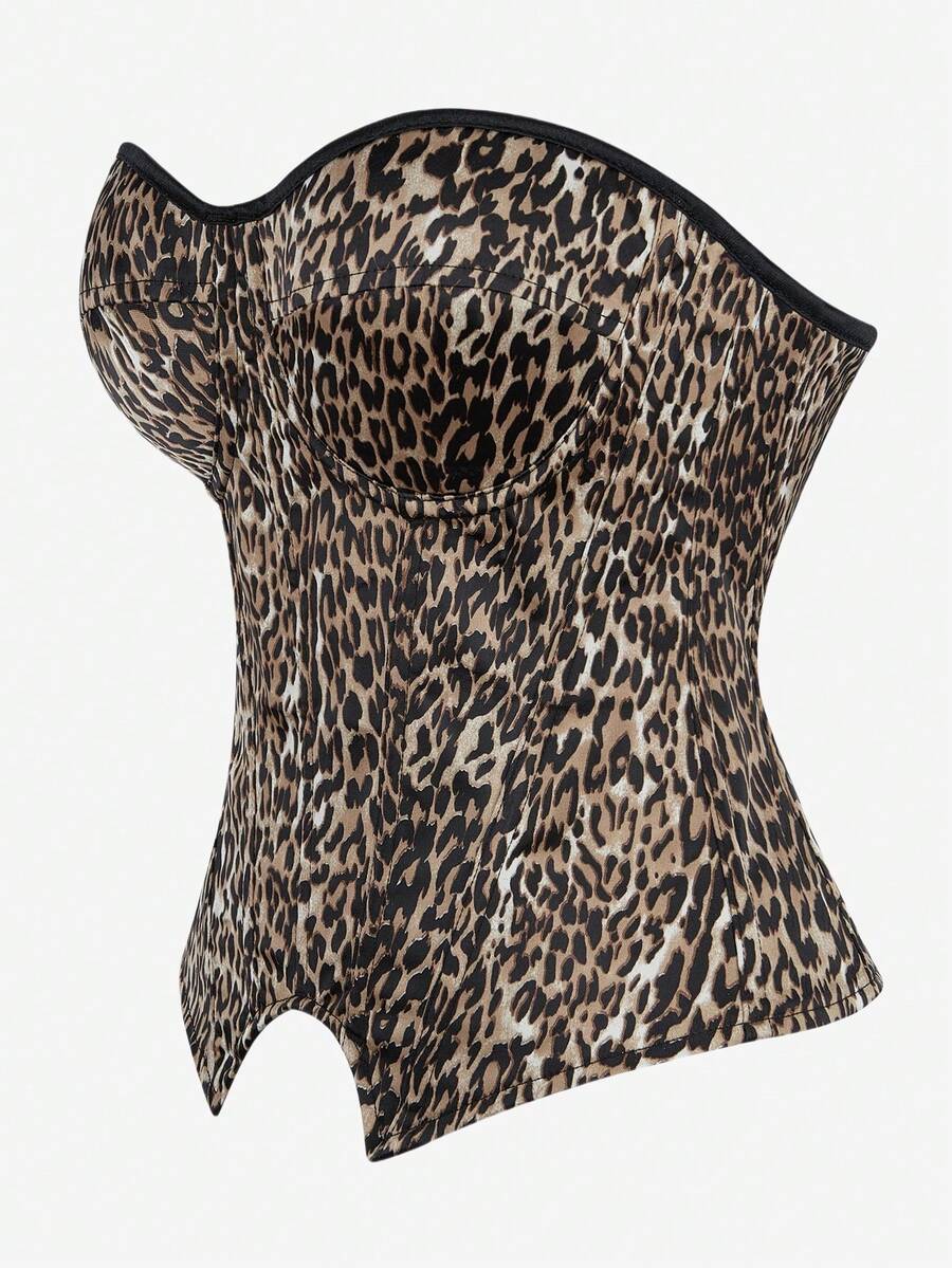 Black overbust corset top with strapless design, boned support, tie-back and zipper closure for women shapewear styling.