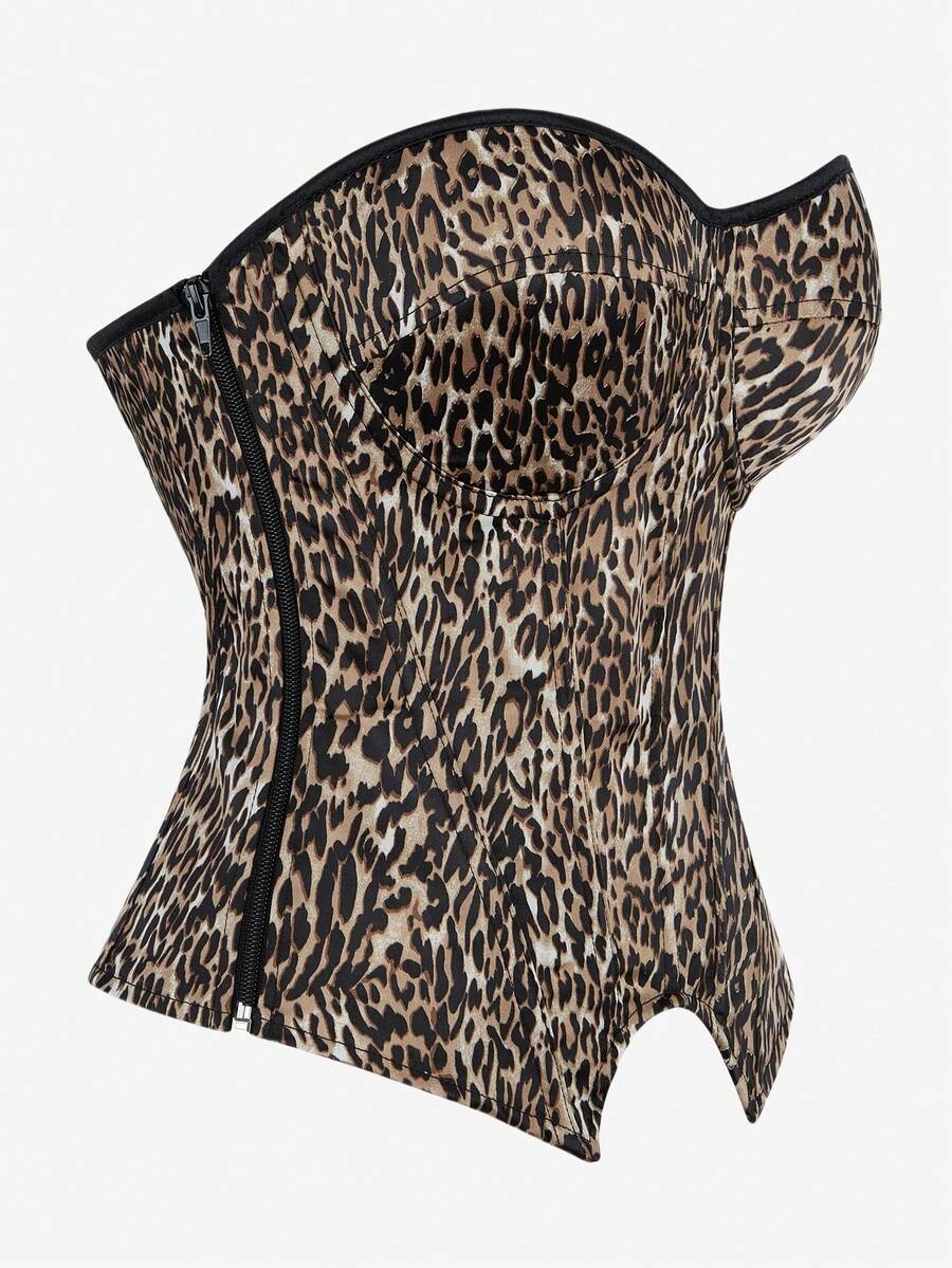 Black overbust corset top with strapless design, boned support, tie-back and zipper closure for women shapewear styling.