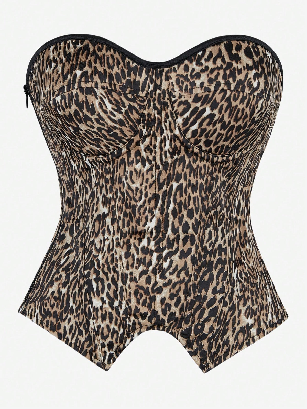 Black overbust corset top with strapless design, boned support, tie-back and zipper closure for women shapewear styling.