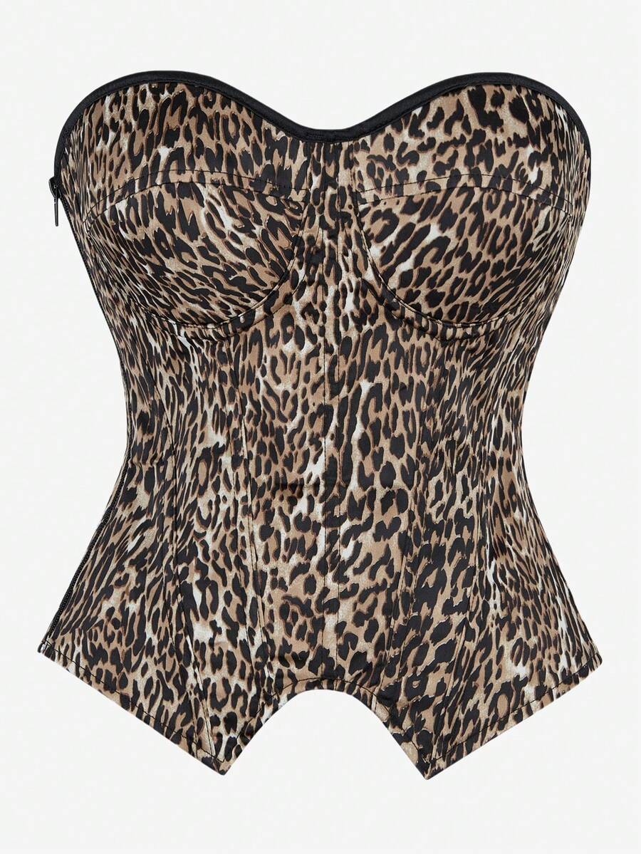 Black overbust corset top with strapless design, boned support, tie-back and zipper closure for women shapewear styling.
