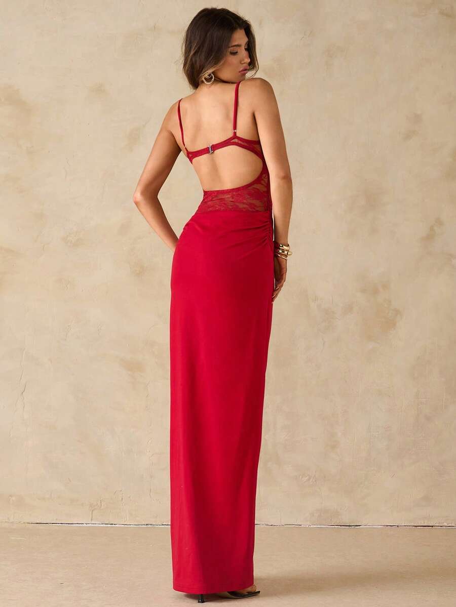 Women's black backless lace patchwork maxi dress with spaghetti straps and mermaid hem.