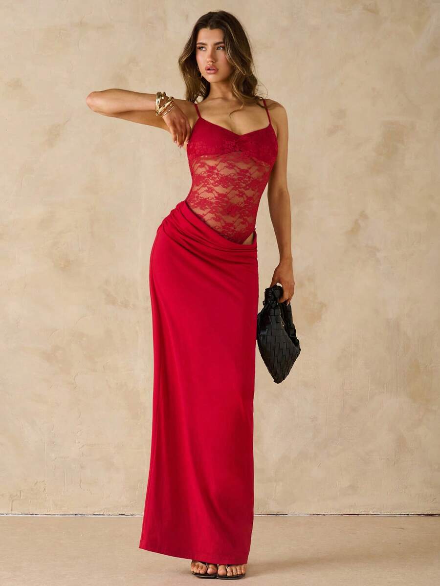 Women's black backless lace patchwork maxi dress with spaghetti straps and mermaid hem.