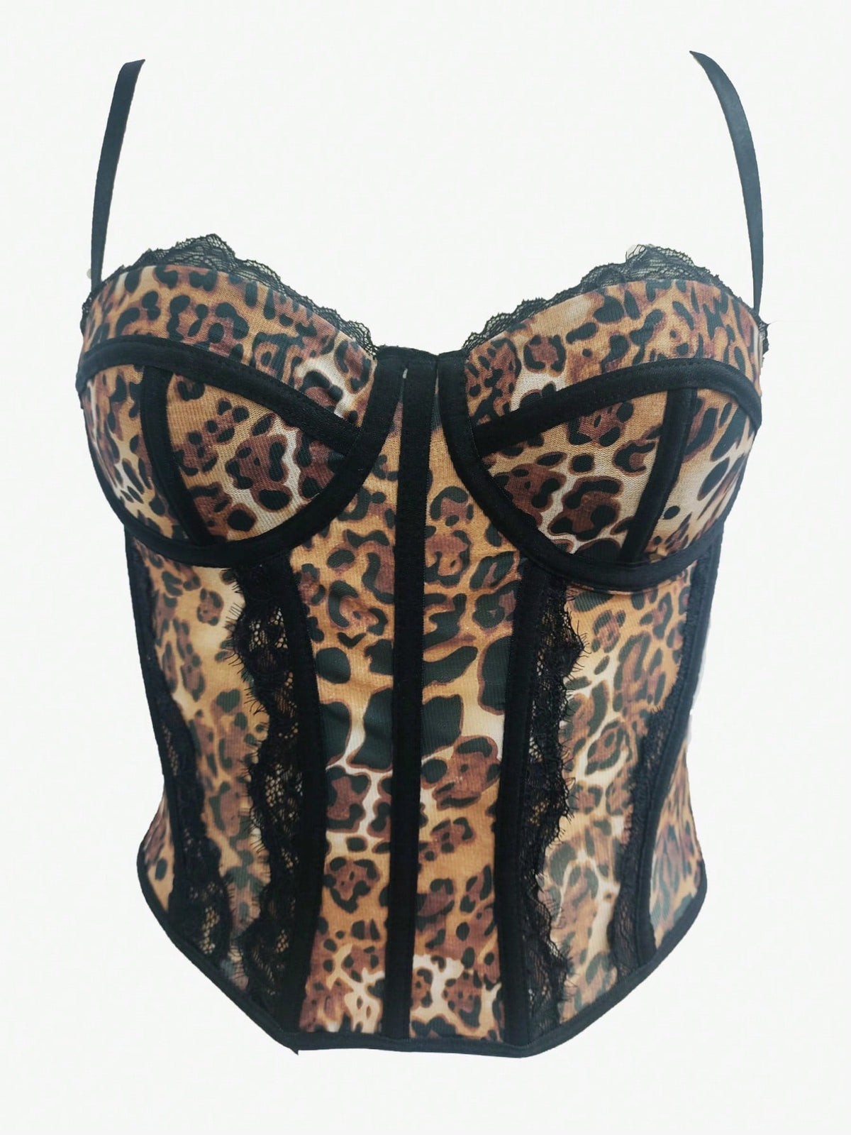 Black lace bustier corset top for women with asymmetrical contrast lace, lace-up detail, sleeveless crop cut, and light support.