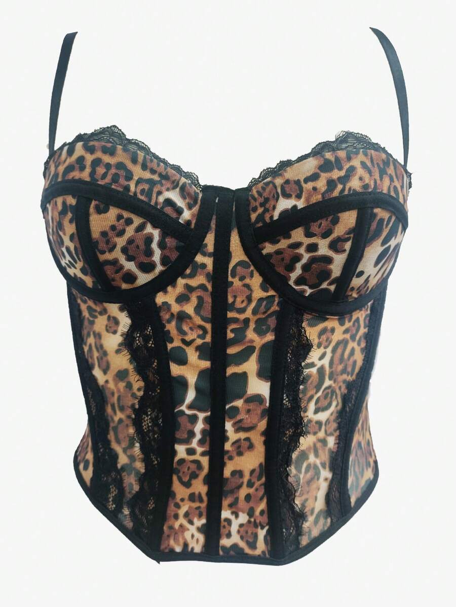 Black lace bustier corset top for women with asymmetrical contrast lace, lace-up detail, sleeveless crop cut, and light support.