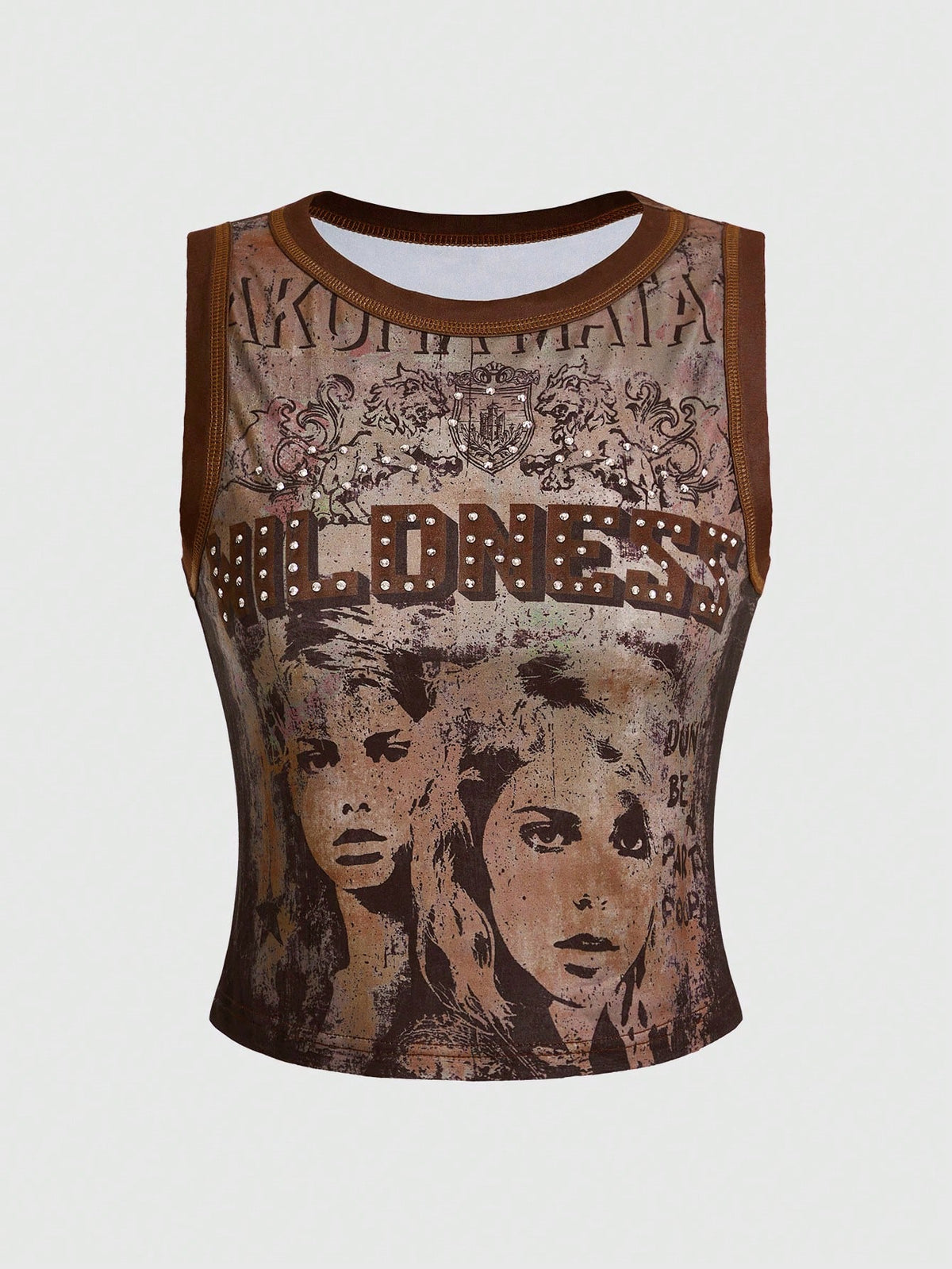 Burgundy women's crop tank top featuring contrast binding trim, graphic letter print, and a slim fit round neck silhouette.