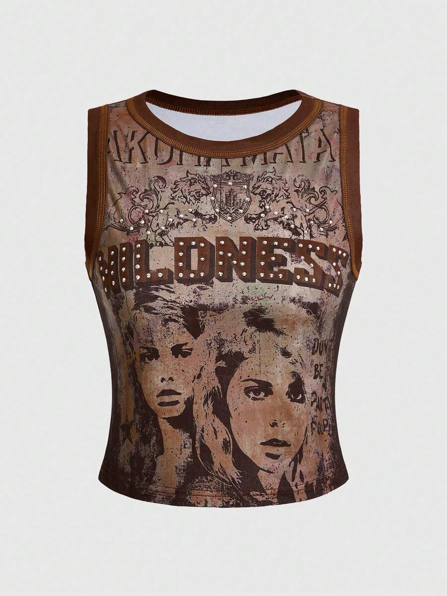 Burgundy women's crop tank top featuring contrast binding trim, graphic letter print, and a slim fit round neck silhouette.