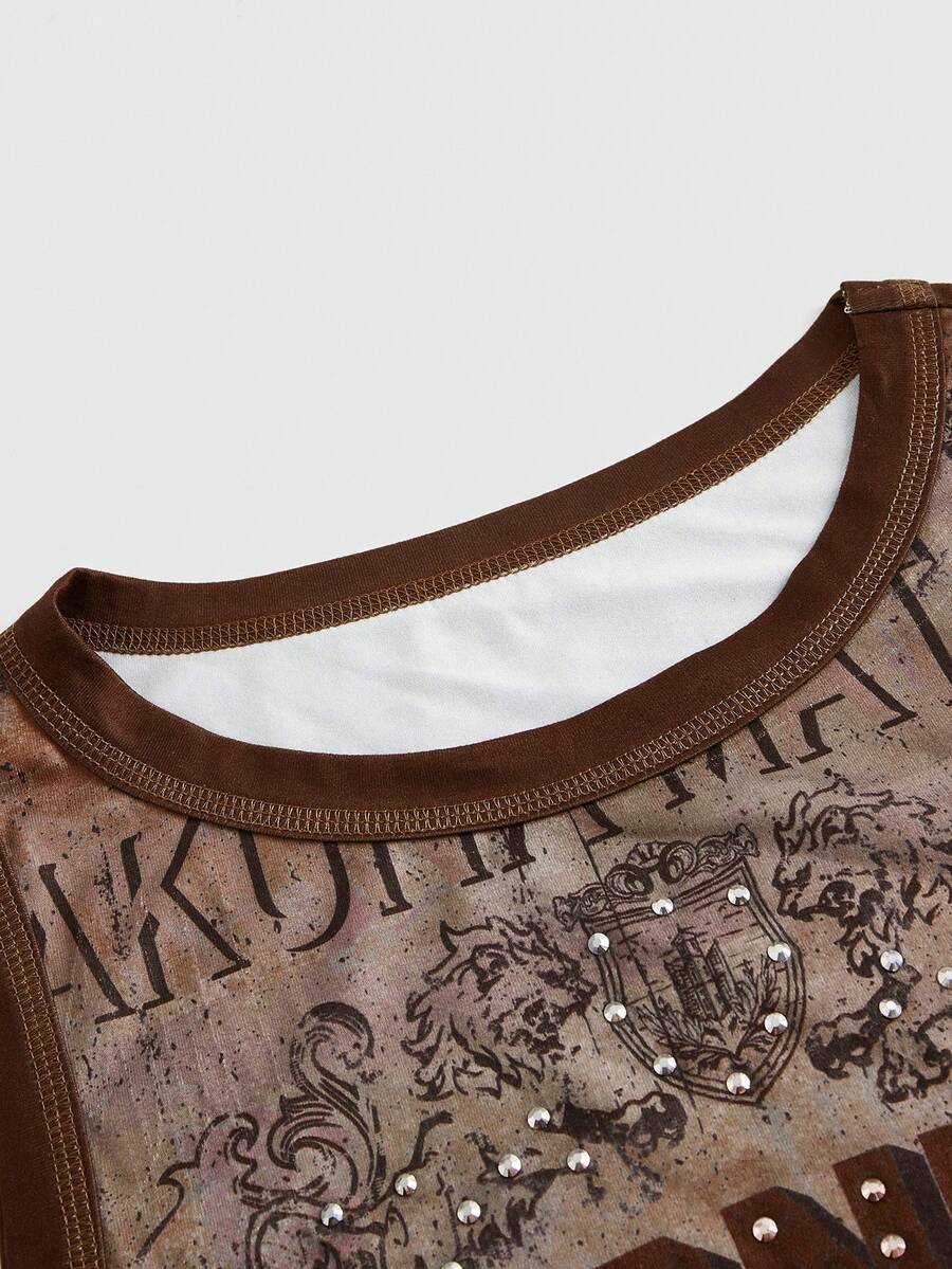 Burgundy women's crop tank top featuring contrast binding trim, graphic letter print, and a slim fit round neck silhouette.