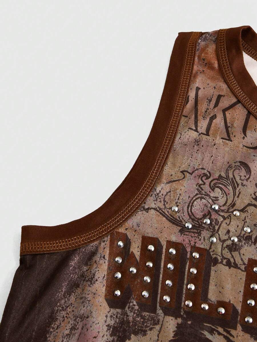 Burgundy women's crop tank top featuring contrast binding trim, graphic letter print, and a slim fit round neck silhouette.