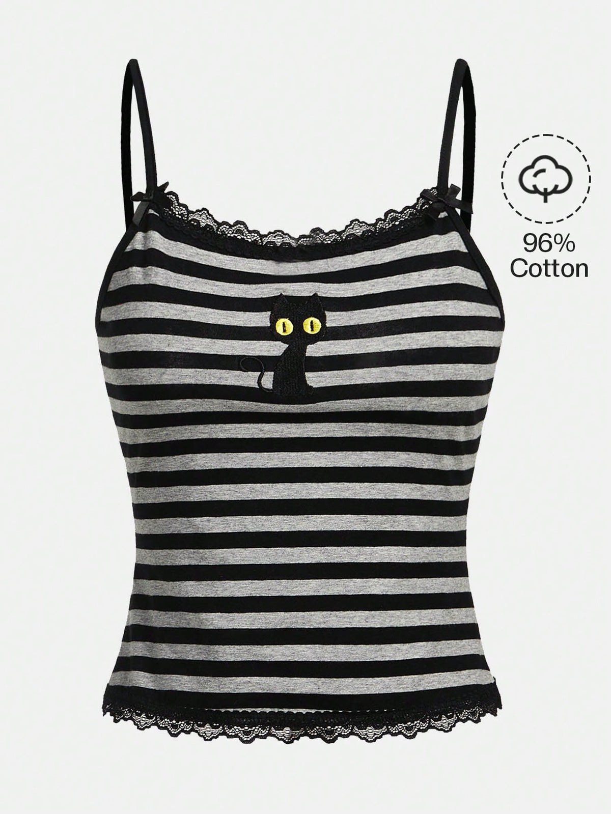 Burgundy rib-knit spaghetti strap camisole top featuring contrast lace patchwork trim, a decorative bow, and detailed cat embroidery.