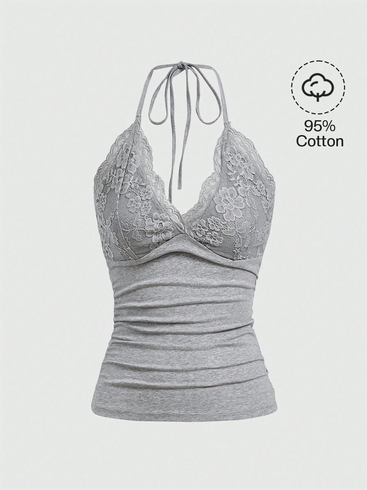 A women's black backless halter top featuring contrast lace trim, ruched front detail, and slim fit soft knitted fabric.