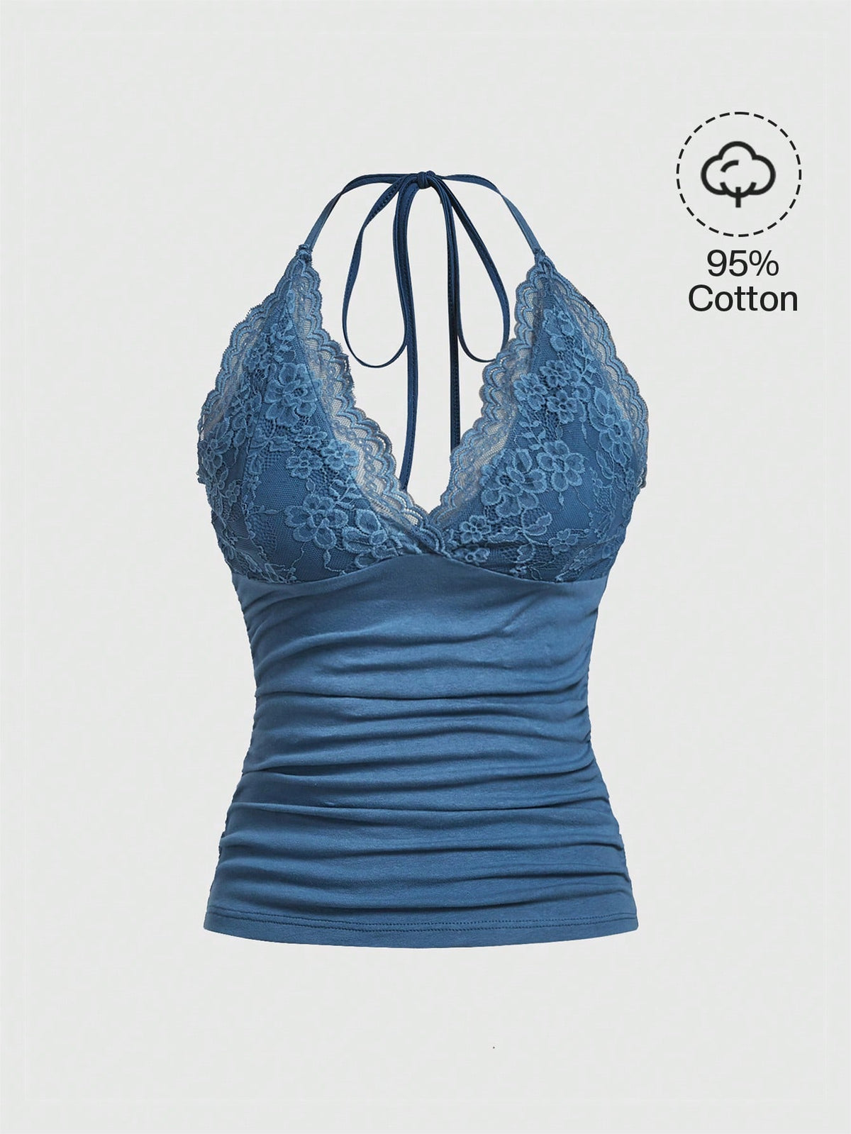 A women's black backless halter top featuring contrast lace trim, ruched front detail, and slim fit soft knitted fabric.