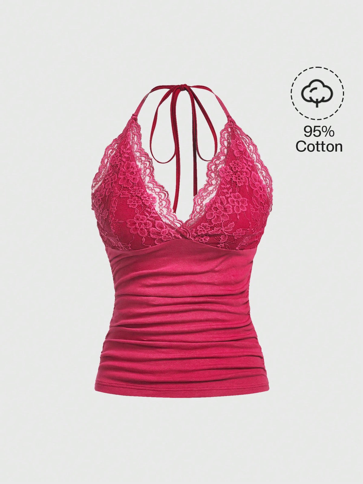 A women's black backless halter top featuring contrast lace trim, ruched front detail, and slim fit soft knitted fabric.