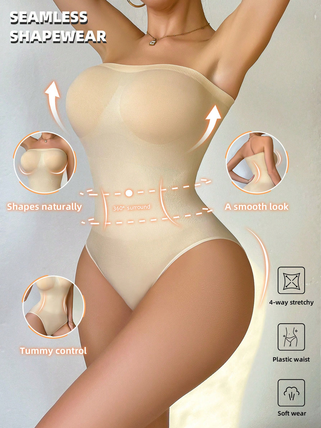 Women's solid color elastic seamless shapewear bodysuit in beige featuring strong waist support and knitted stretch fabric.