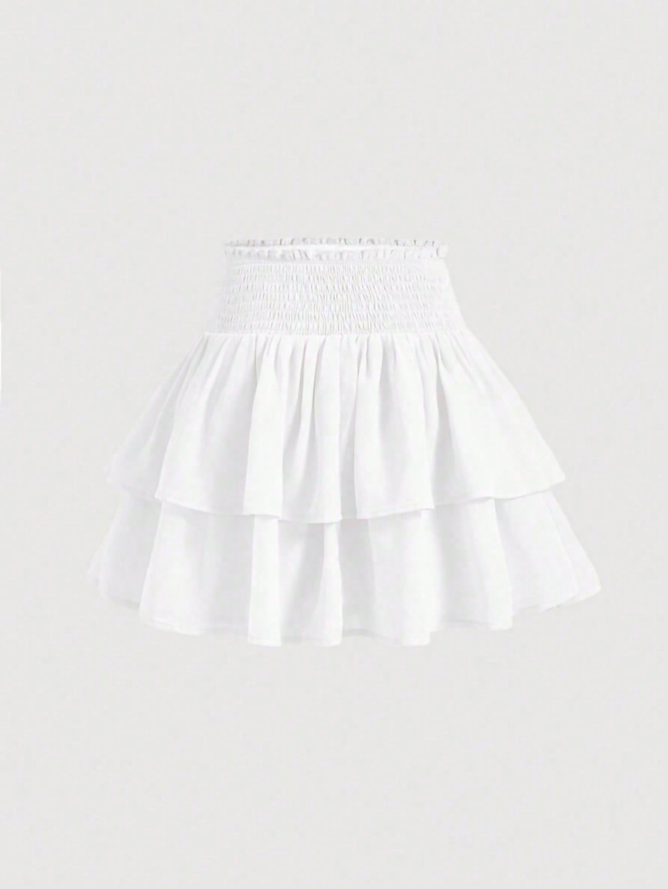 Women's high waist tiered ruffle layered mini skort in black featuring shirred details and ruffle hem.