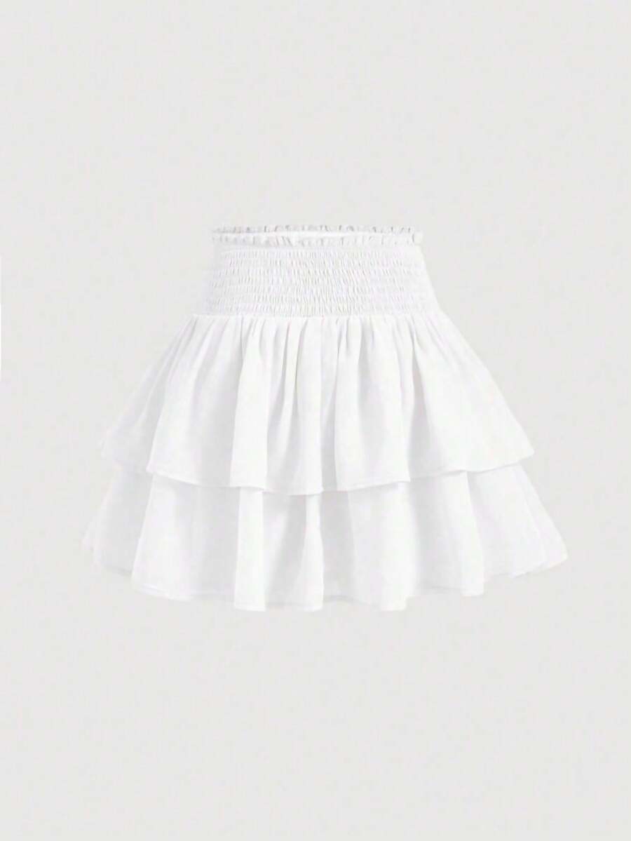 Women's high waist tiered ruffle layered mini skort in black featuring shirred details and ruffle hem.