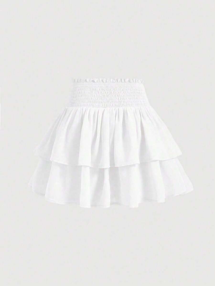 Women's high waist tiered ruffle layered mini skort in black featuring shirred details and ruffle hem.