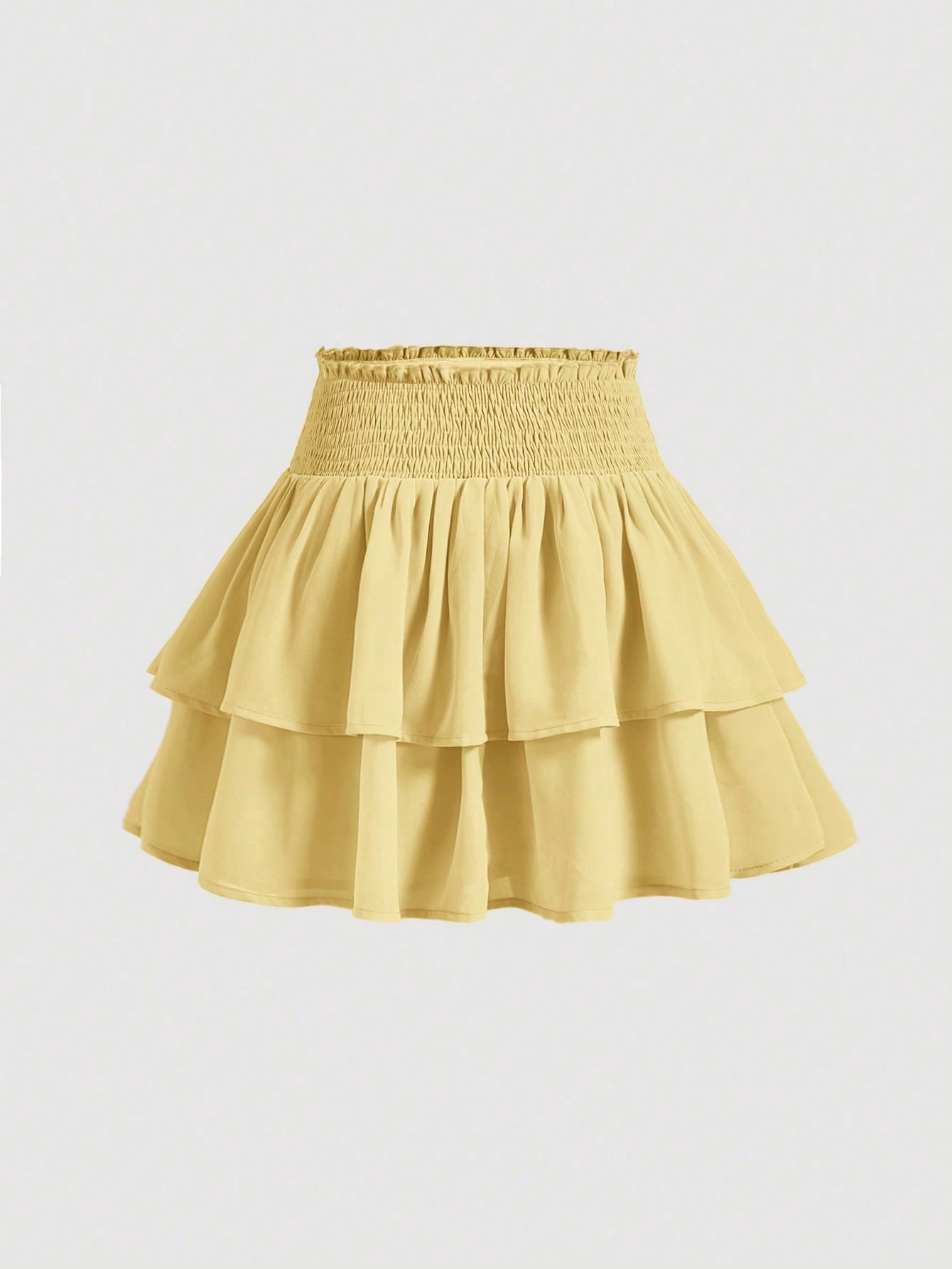 Women's high waist tiered ruffle layered mini skort in black featuring shirred details and ruffle hem.