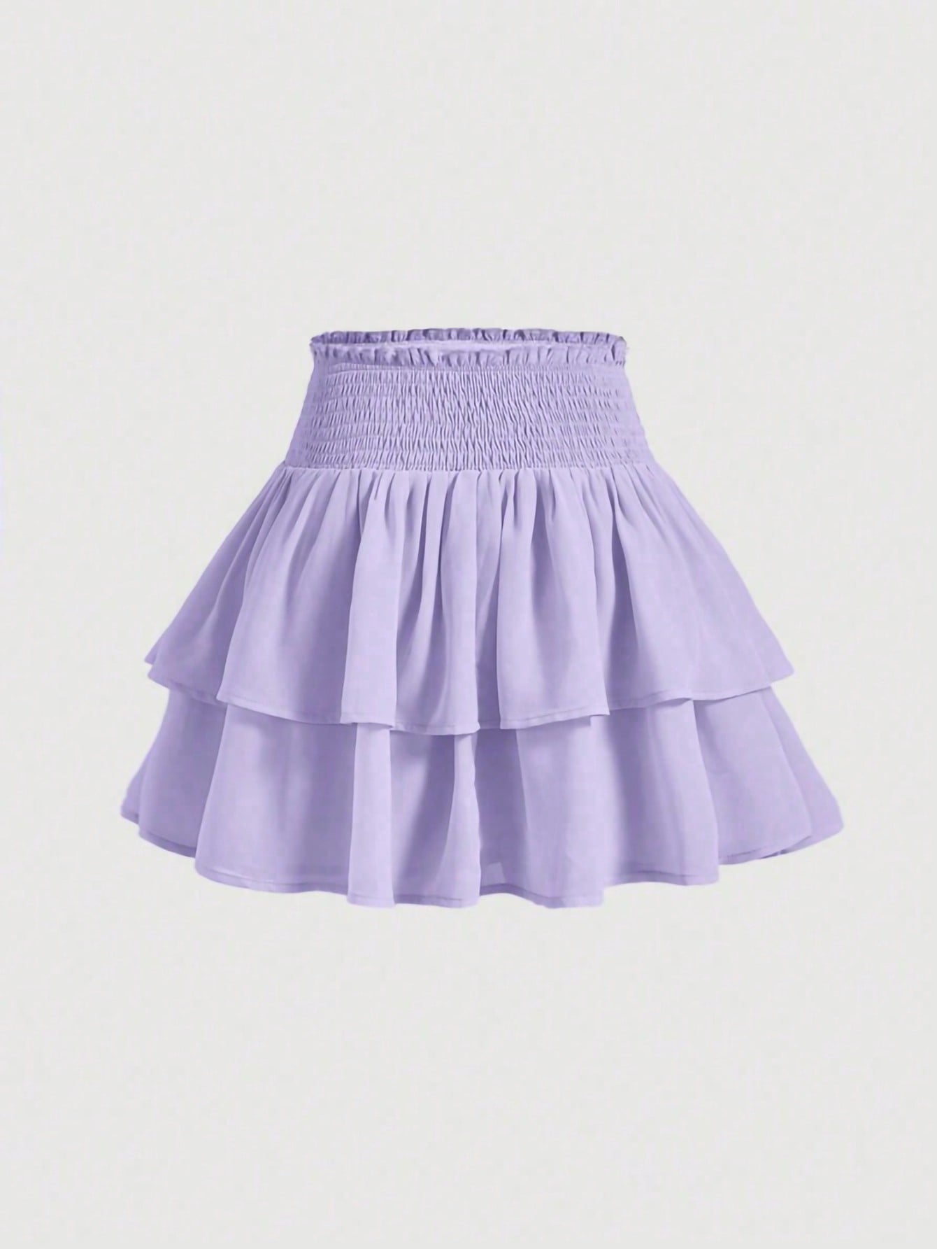 Women's high waist tiered ruffle layered mini skort in black featuring shirred details and ruffle hem.