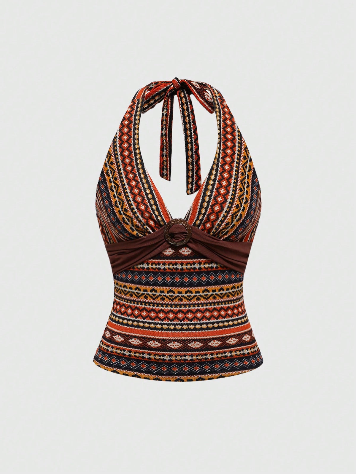 Multicolor geometric print halter tank top for women featuring front cut-out detail with ring accent and backless slim fit design.