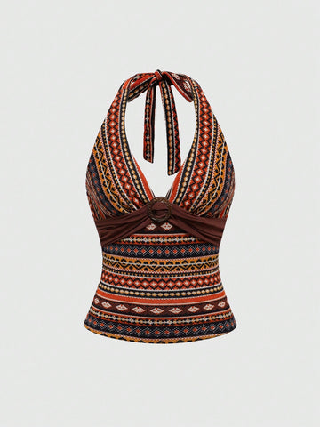 Multicolor geometric print halter tank top for women featuring front cut-out detail with ring accent and backless slim fit design.